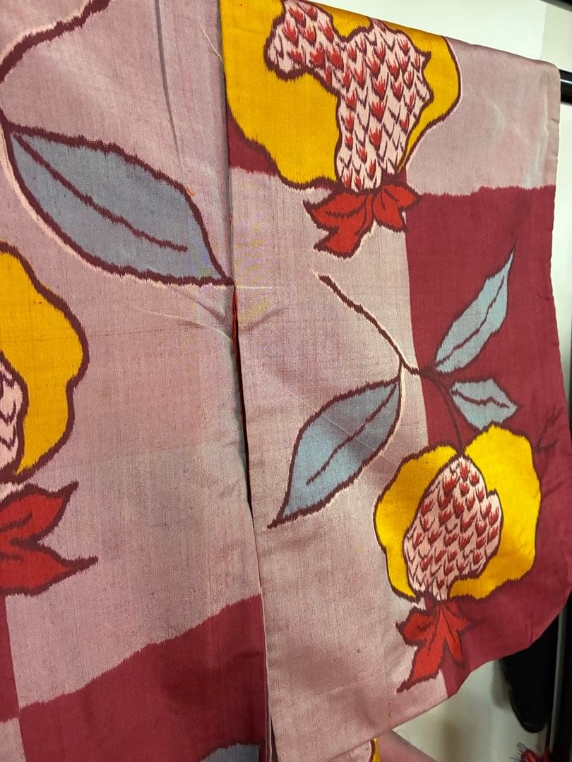 アンティーク　銘仙　着物　ザクロ　植物模様　レトロ　リメイク